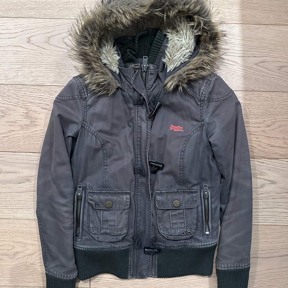 Superdry Charcoal Jacket with Faux Fur Hood
